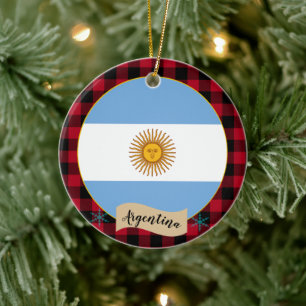 Argentinien, Roter Büffel kariert und Argentinienf Keramik Ornament