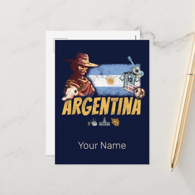 Argentinien Vintag Gaucho mit Fahnenfußball Feiertagspostkarte (Vorderseite/Rückseite Beispiel)