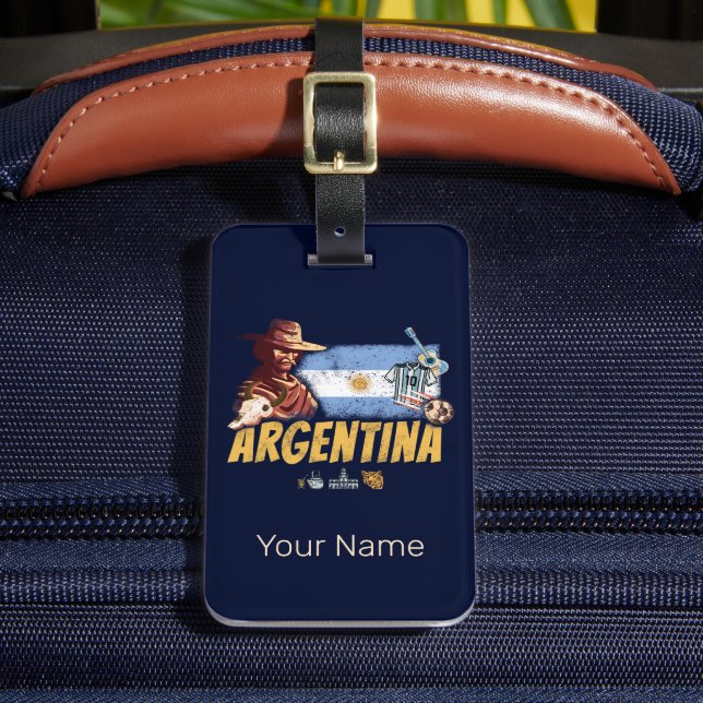 Argentinien Vintag Gaucho mit Fahnenfußball Gepäckanhänger (Vorderseite Insitu 2)