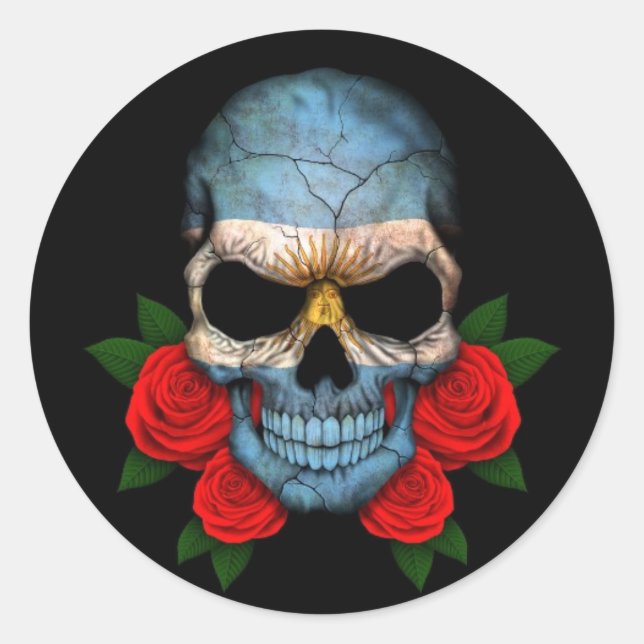 Argentinischer Flaggenschädel mit Rote Rosen Runder Aufkleber (Vorderseite)