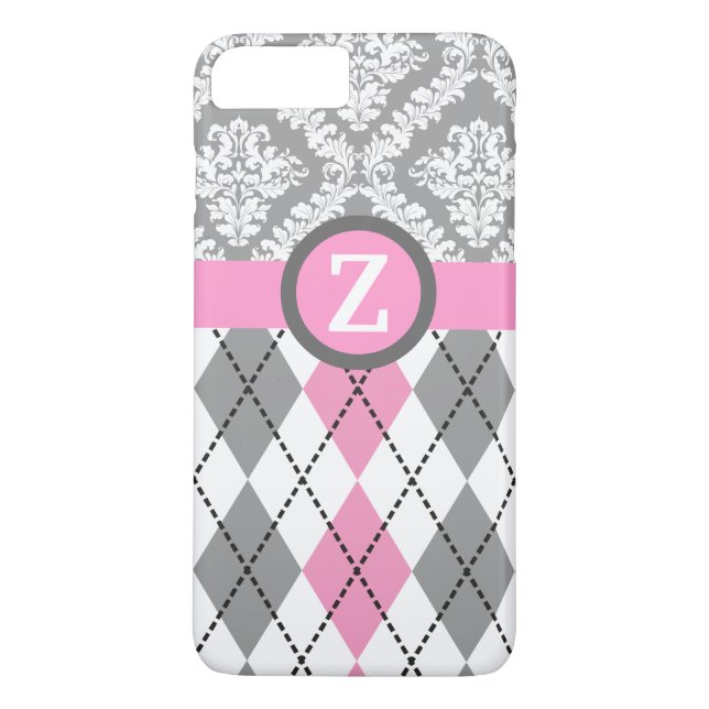 Argyle and damask pattern pink, grey monogram Case-Mate iPhone hülle (Rückseite)