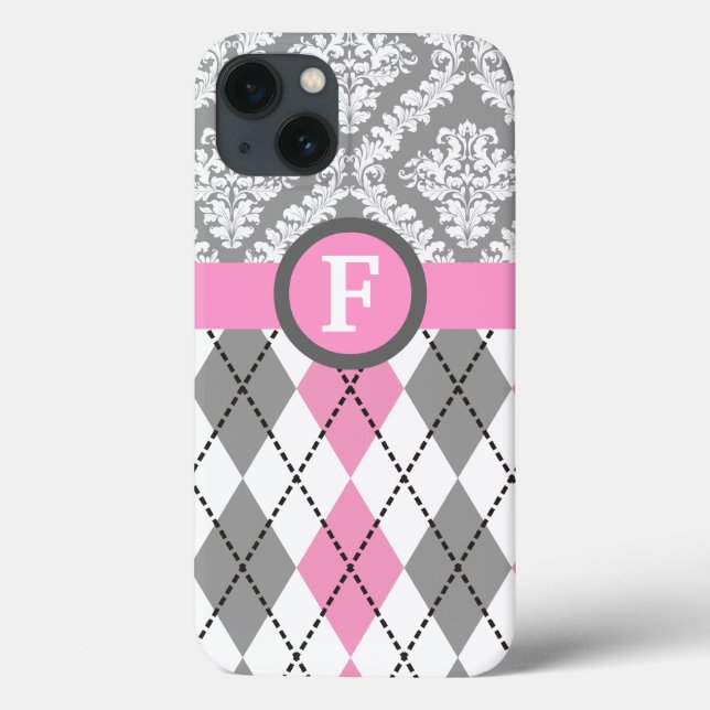 Argyle and damask pattern pink, grey monogram Case-Mate iPhone hülle (Rückseite)
