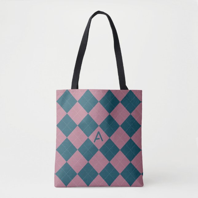 Argyle-Muster-Monogramm ozeanblau rosa Tragetasche Tasche (Vorderseite)