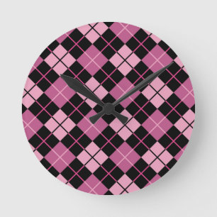 Argyle Pattern in Black and Pink Runde Wanduhr