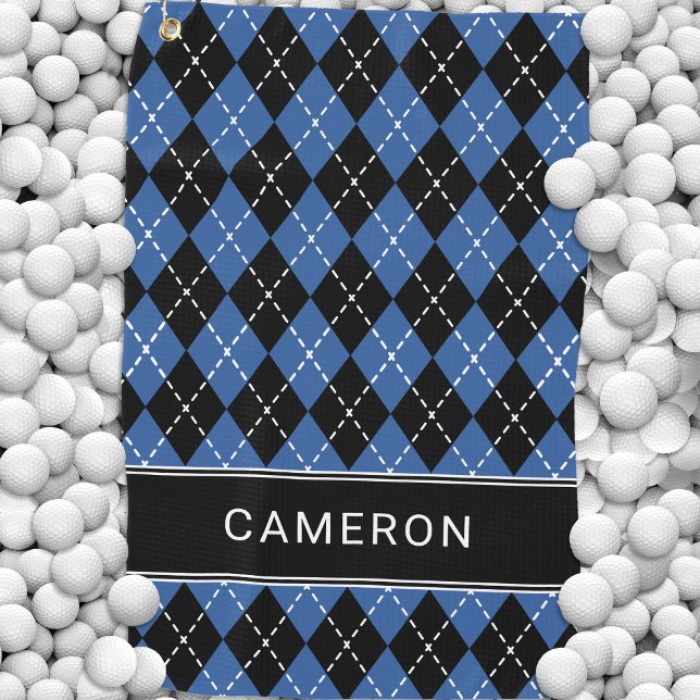 Argyle Plaid Custom Create Name Black Blue Golfhandtuch (Argyle Plaid Custom Create Name Black Blue Golf Towel)