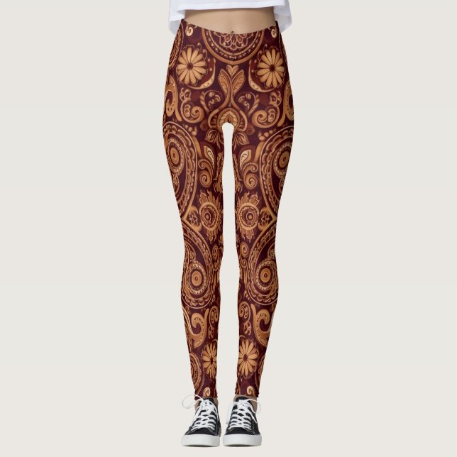 Aria Grace Maroon Daisy Paisley Embroidery Pattern Leggings (Vorderseite)