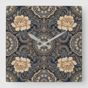 Aria Grace Midnight Blue Pfingstrose Paisley Wandu Quadratische Wanduhr
