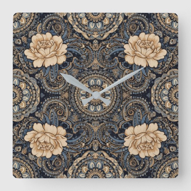 Aria Grace Minuit Bleu Peony Paisley Horloge mural (Recto)