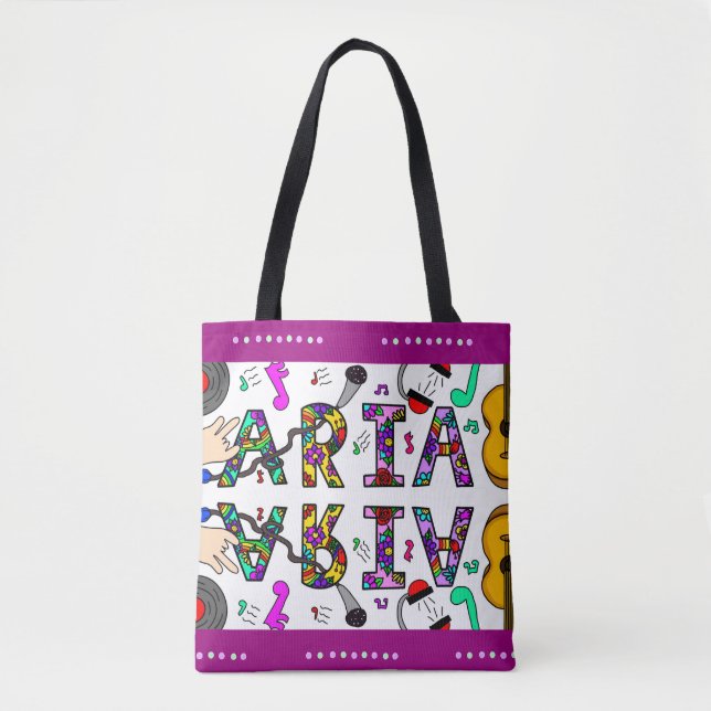 Aria, Mädchenname Whimsical Blume Music Themed Tasche (Vorderseite)
