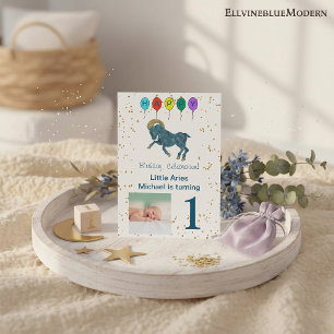 Aries First Birthday Gold & Balloons & Foto Einladung