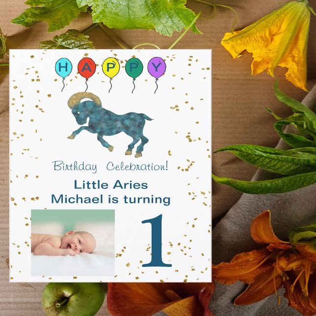 Aries First Birthday Gold & Balloons & Foto Einladung (Von Creator hochgeladen)