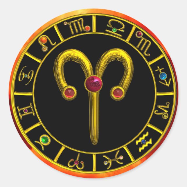 ARIES GOLD ZODIAC BIRTHDAY JEWEL ASTROLOGY CHART RUNDER AUFKLEBER (Vorderseite)