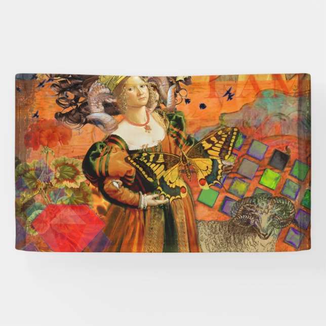 Aries Orange Women: Gothic Ram Antique Art Collage Banner (Horizontal)