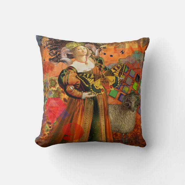 Aries Orange Women: Gothic Ram Antique Art Collage Kissen (Vorderseite)