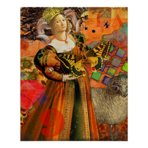 Aries Orange Women: Gothic Ram Antique Art Collage Poster