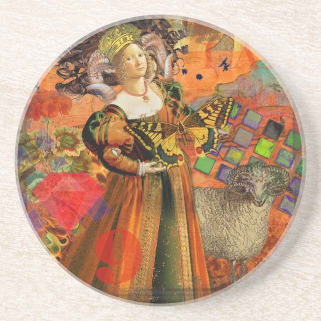 Aries Orange Women: Gothic Ram Antique Art Collage Sandstein Untersetzer (Vorne)
