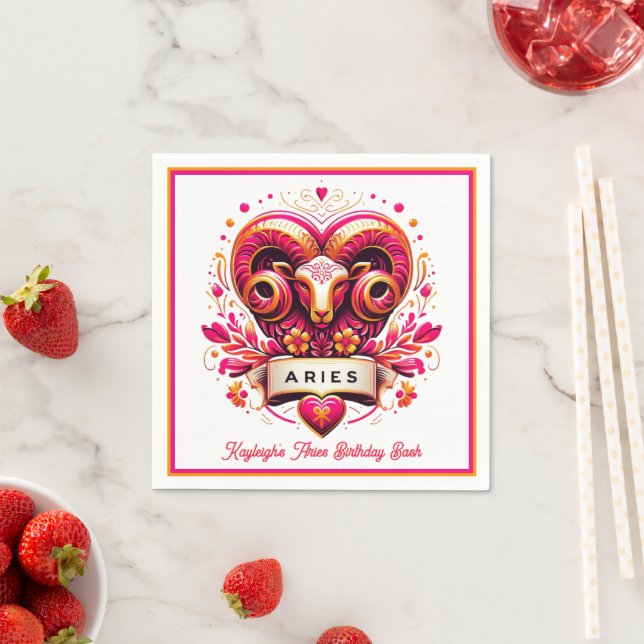 Aries Ram Pink und Orange Zodiac Birthday Serviette (Beispiel)