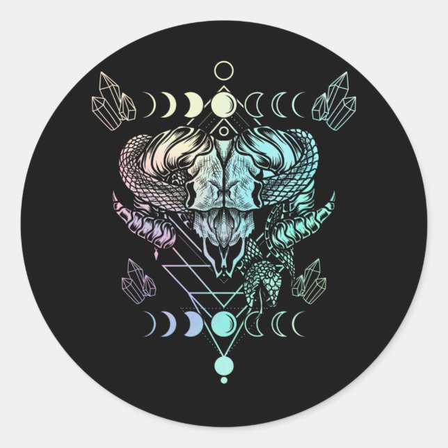 Aries Skull Snake Wicca Occult Crescent Moon Goth Runder Aufkleber (Vorderseite)