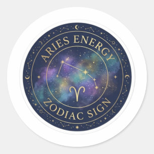 Aries-Sternzeichen-Energie-Himmels-Gold-und-Navy-A Runder Aufkleber