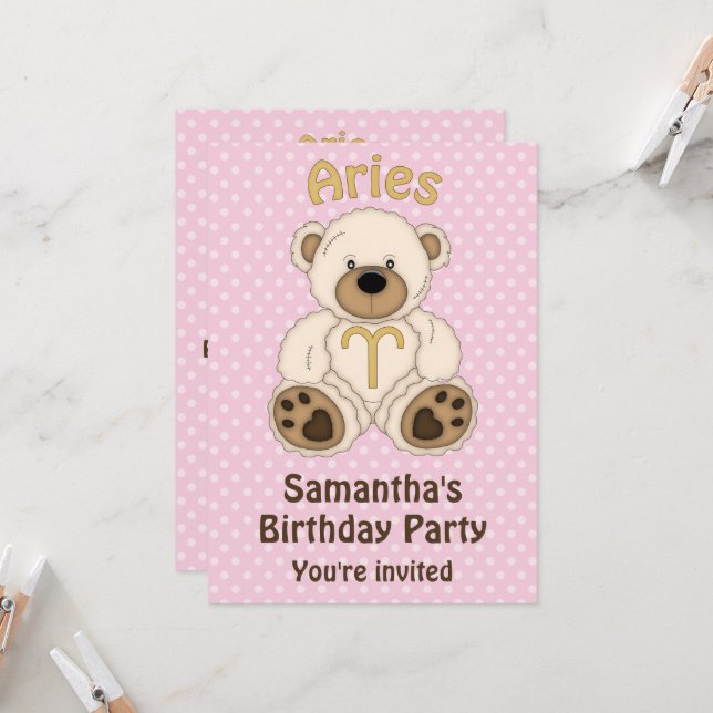 Aries White Bären auf Pink Birthday Party Einladung (Vorderseite/Rückseite Beispiel)