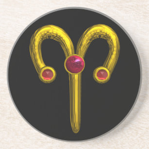 ARIES ZODIAC BIRTHDAY JEWEL RED RUBY, Gold, Black Getränkeuntersetzer