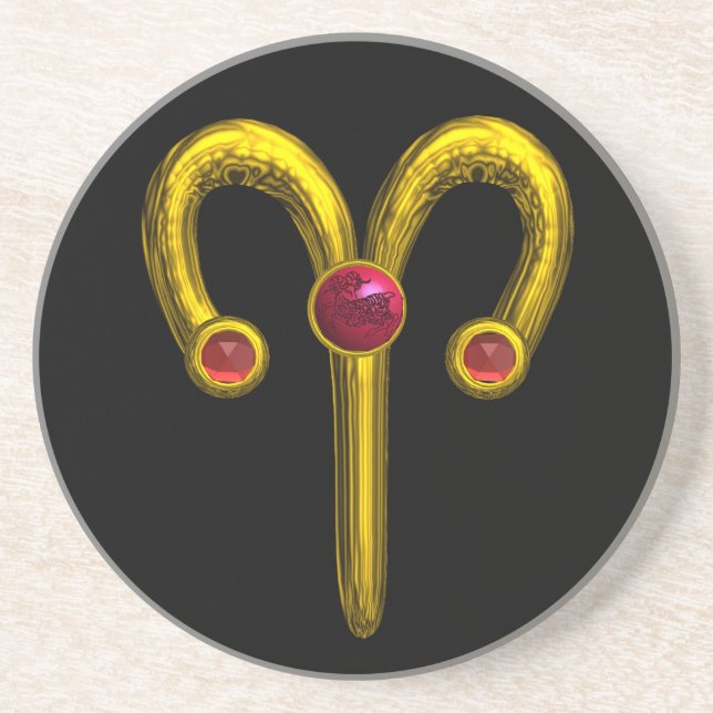 ARIES ZODIAC BIRTHDAY JEWEL RED RUBY, Gold, Black Getränkeuntersetzer (Vorne)