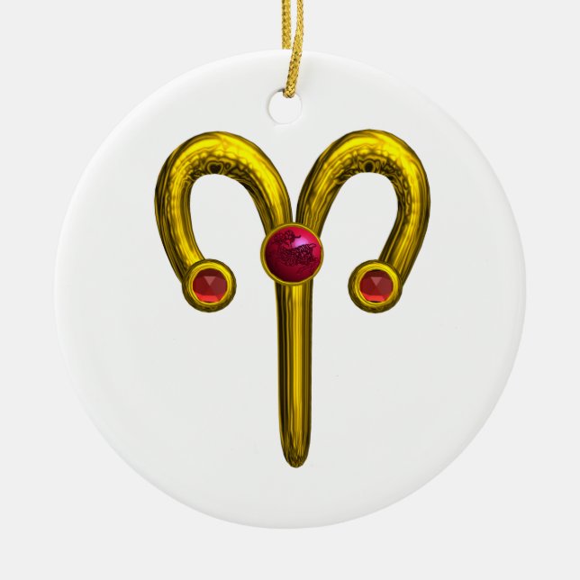 ARIES ZODIAC BIRTHDAY JEWEL Red Ruby Gold Keramik Ornament (Vorne)