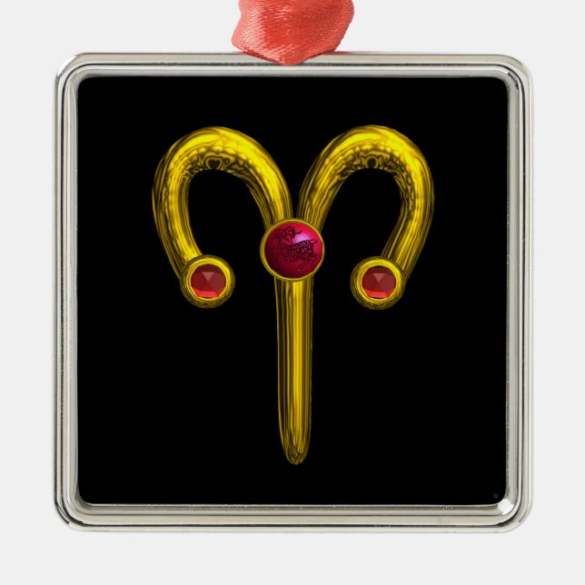ARIES ZODIAC BIRTHDAY JEWEL Red Ruby Gold Ornament Aus Metall (Vorne)