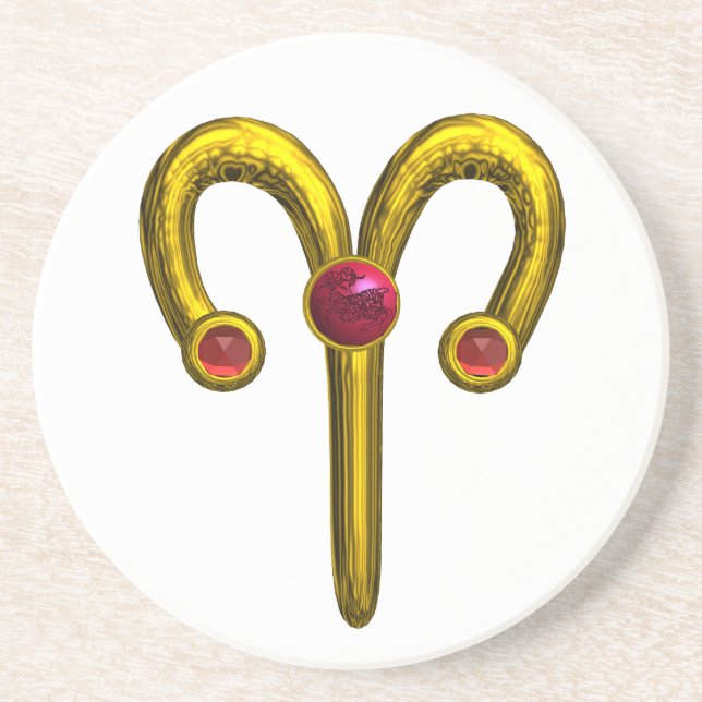 ARIES ZODIAC BIRTHDAY JEWEL RED RUBY, Gold, weiß Sandstein Untersetzer (Vorne)