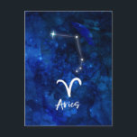 Aries Zodiac Constellation Blue Galaxy Celestial Postkarte<br><div class="desc">Aries Zodiac Constellation Blue Galaxy Monogram Design. Mit trendigem Pinsel Script-Schriftart, dunkelblauem Himmelswasserhintergrund, glänzender Sternkonstellation und dem Ram-Symbol. Modernes Astrologisches Geburtszeichen Horoskop, ist perfekt für jeden Aquarianer Geburtstag vom 21. bis 19. April. Ein tolles Geschenk für Junge und Mädchen, Familienmitglieder, Teens, Ehefrau, Ehemann, Freunde und Astrologie Lover. Cosmic Space Night...</div>