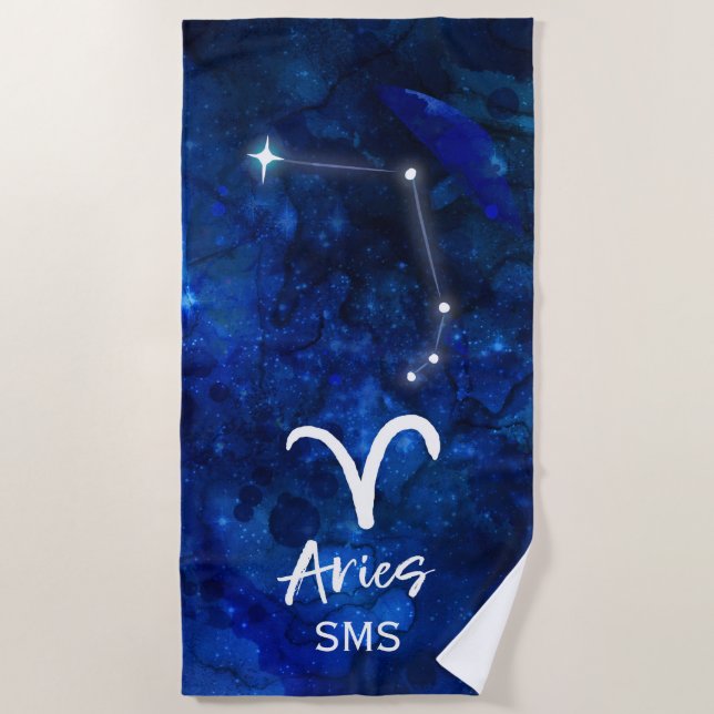 Aries Zodiac Constellation Blue Galaxy Monogram Strandtuch (Vorderseite)