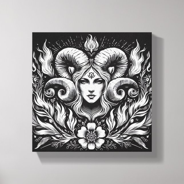Aries Zodiac Goddess with Ram Horns – Mystical  Leinwanddruck (Vorderseite)