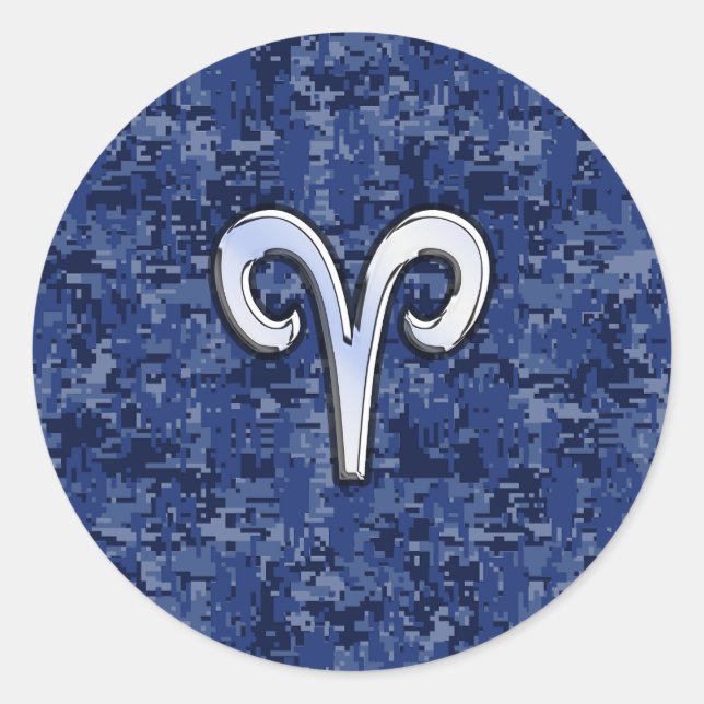 Aries Zodiac Sign auf Navy Blue Digital Camouflage Runder Aufkleber (Vorderseite)