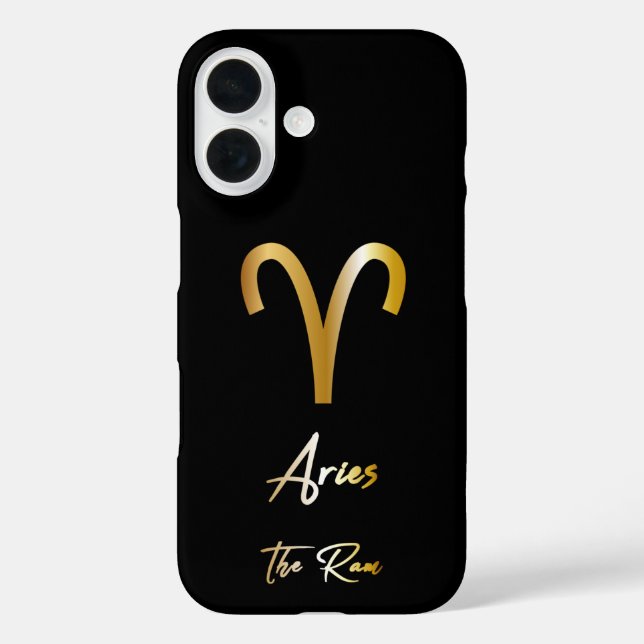 Aries Zodiac Sign, Black & Gold iPhone 16 Hülle (Rückseite)