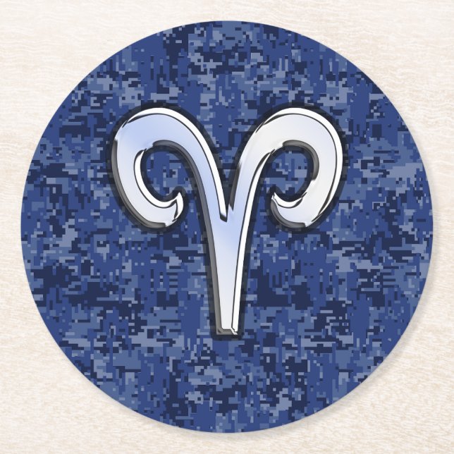 Aries Zodiac-Symbol auf Navy Blue Digital-Camoufla Runder Pappuntersetzer (Vorderseite)