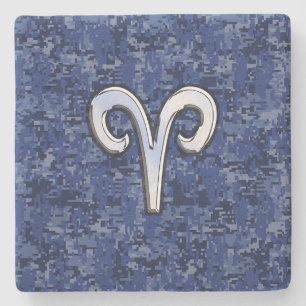 Aries Zodiac-Symbol auf Navy Blue Digital-Camoufla Steinuntersetzer