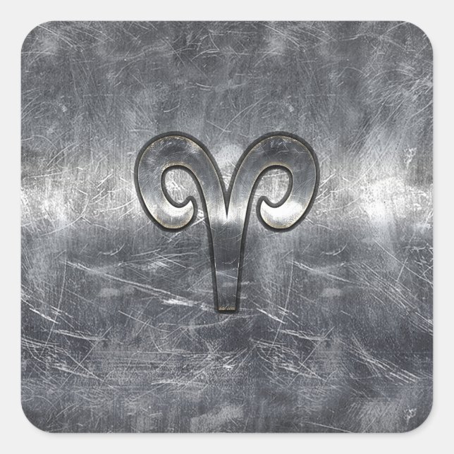 Aries Zodiac Symbol in Silver Steel Style Quadratischer Aufkleber (Vorderseite)