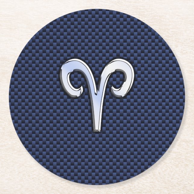 Aries Zodiac Symbol Navy Blue Carbon Fibre Style Runder Pappuntersetzer (Vorderseite)