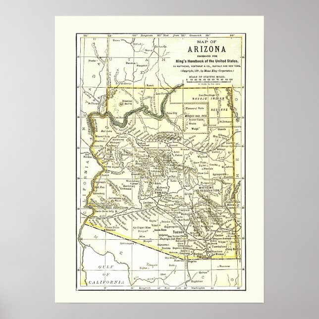 Arizona Karte 1891 Städte, Bahn und Reservationen Poster (Vorne)