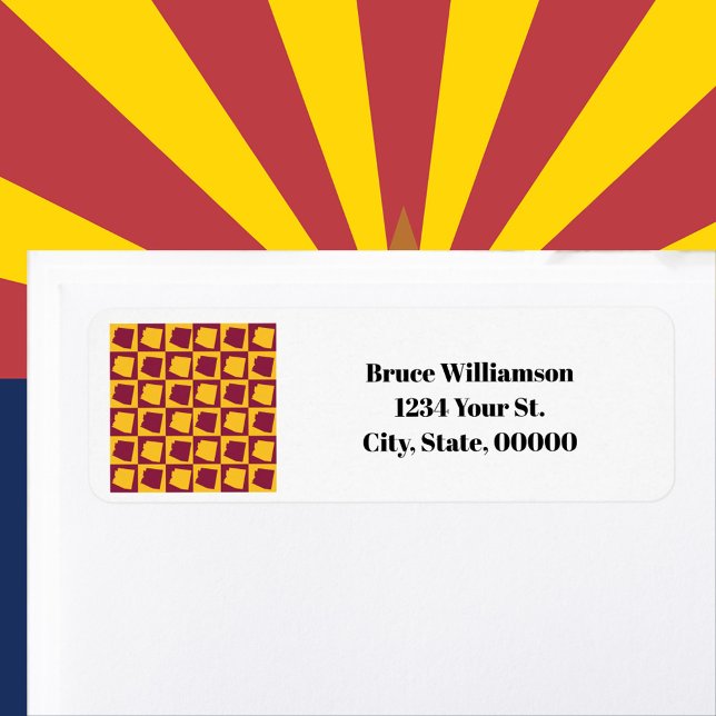 Arizona Marron Or Personaliser Étiquette Adresse d (A return address label with a maroon and gold pattern featuring the US state of Arizona.)
