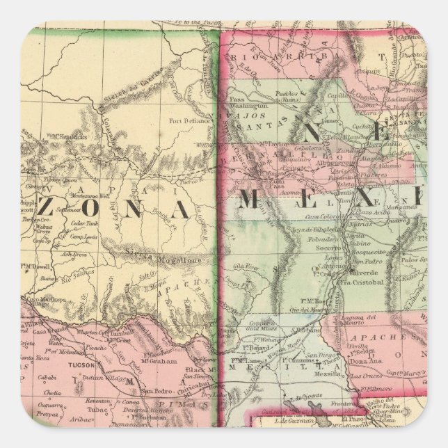 Arizona, New Mexico Map von Mitchell Quadratischer Aufkleber (Vorderseite)