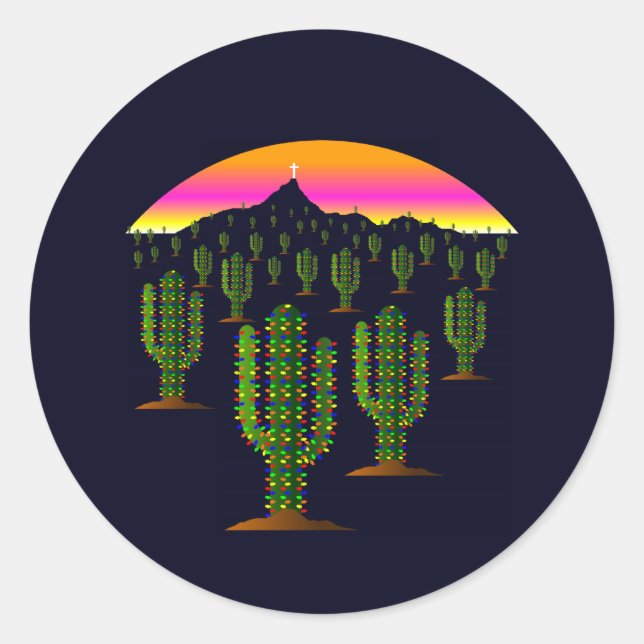 Arizona Saguaro Cactus Christmas Lights at Sunset Runder Aufkleber (Vorderseite)