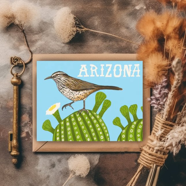 Arizona Saguaro Cactus Wren Niedlich Bird Nature Postkarte (Cactus wren on a saguaro cactus Arizona postcard)