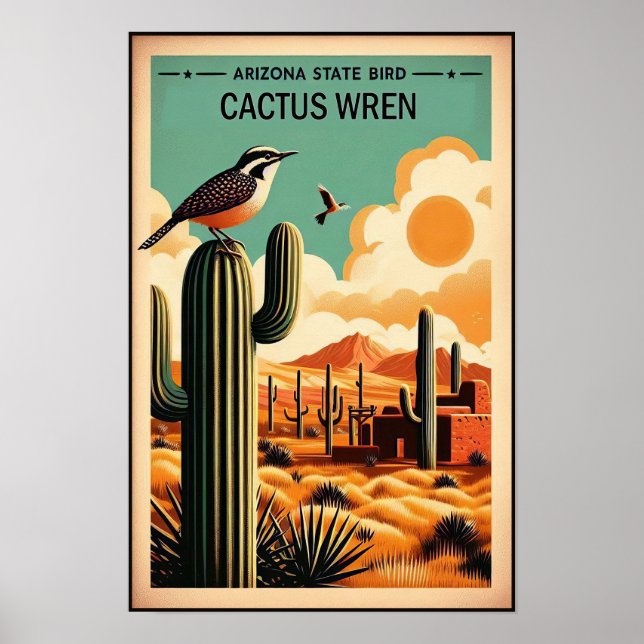 Arizona Staat Bird - Cactus Wren Vintag Poster (Vorne)