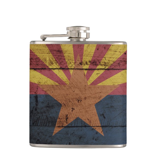 Arizona-Staats-Flagge auf altem hölzernem Korn Flachmann (Vorderseite)