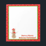 Arizona Tumbleweed Snowman Christmas Notepad Notizblock<br><div class="desc">Ein Schneemann aus Arizona ist umgeben von einer karierten Weihnachtsgrenze mit grünem Trimm. Der Fußtext lautet: "Haben Sie ein frohes Arizona Weihnachten!" Ändern Sie die Nachricht in Ihren eigenen Satz oder ersetzen Sie Arizona durch Ihren eigenen Staat.</div>