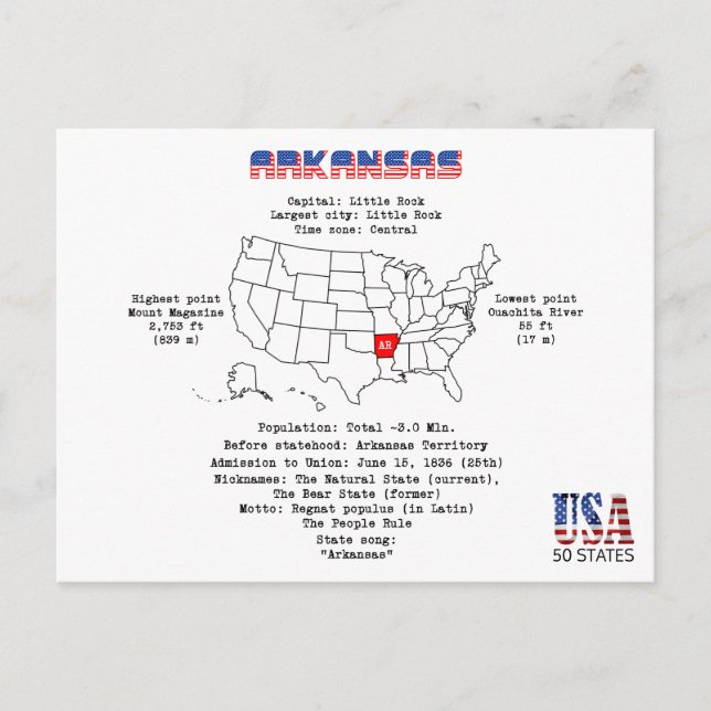 Arkansas American Staat auf einer Karte und nützli (Vorderseite)