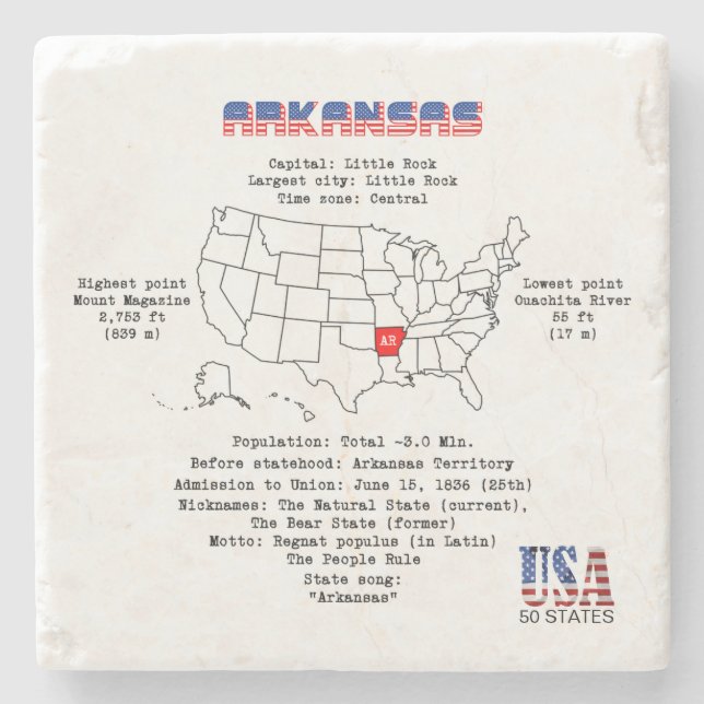 Arkansas American Staat auf einer Karte und nützli Steinuntersetzer (Vorderseite)