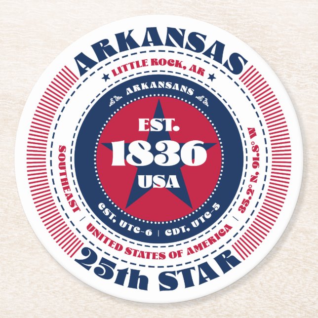 Arkansas Red White Blue Typografie Runder Pappuntersetzer (Vorderseite)