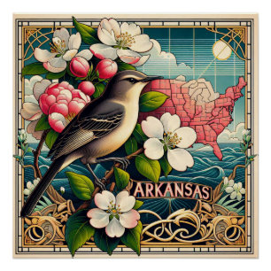 Arkansas Staat Blume und Bird Design Blue Red Poster